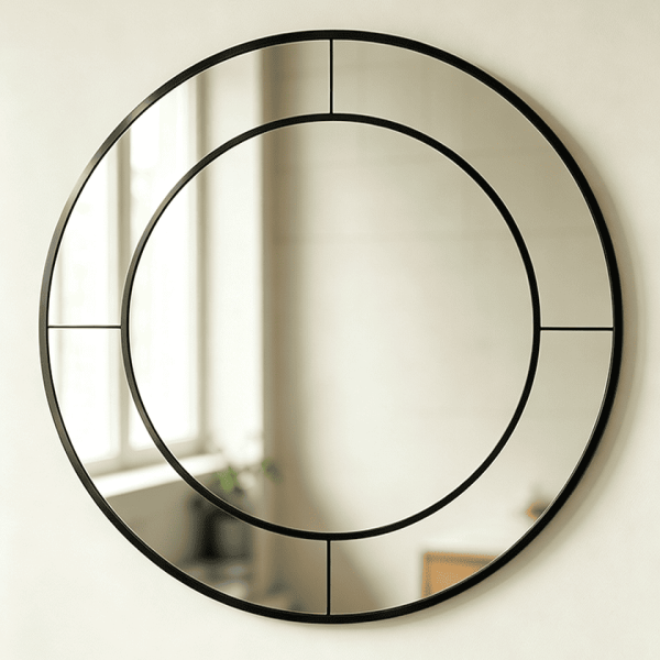Black round wall mirror with segmented mirrored outer ring and concentric metal frame Round Mirror with Mirrored Frame