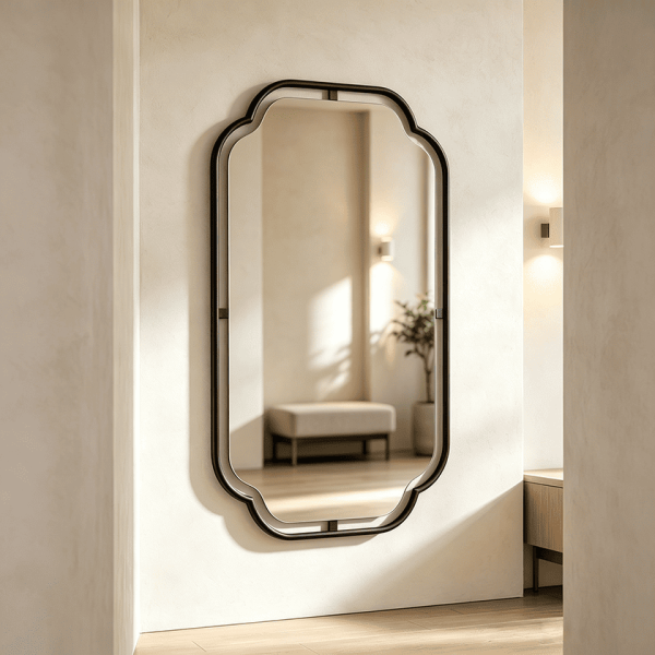 Black scalloped rectangle wall mirror suspended within an open round-tube metal frame Scalloped Tubular Frame Wall Mirror