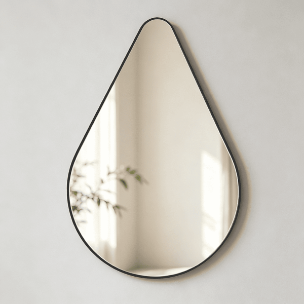 Black teardrop mirror with tapered crown and rounded base Sculptural Teardrop Metal Wall Mirror