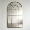 Gold arched window pane wall mirror with fanlight-inspired metal grid Arched Window Pane Wall Mirror