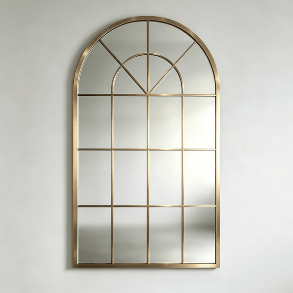 Gold arched window pane wall mirror with fanlight-inspired metal grid Arched Window Pane Wall Mirror