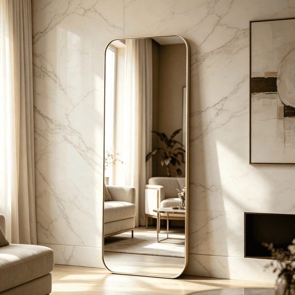 Gold rounded corner full length mirror leaning against a marble wall in a modern living room Rounded Corner Full Length Mirror